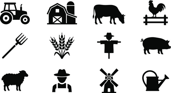 Farm and agriculture silhouette icon set, rural countryside vector collection with tractor, barn, cow, rooster, pig, sheep, wheat, scarecrow, farmer and windmill