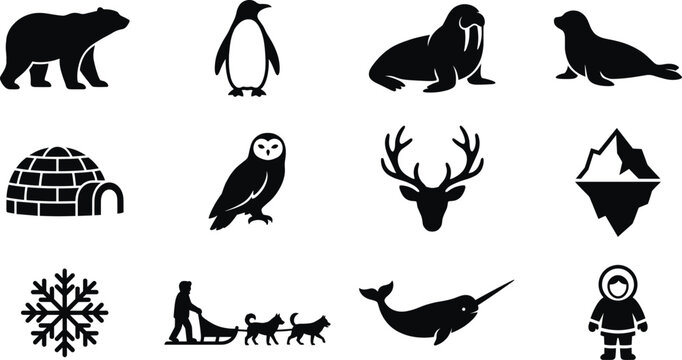Arctic animals and polar winter silhouette icon set, north pole vector collection with polar bear, penguin, walrus, seal, igloo, sled dogs, snowflake and iceberg
