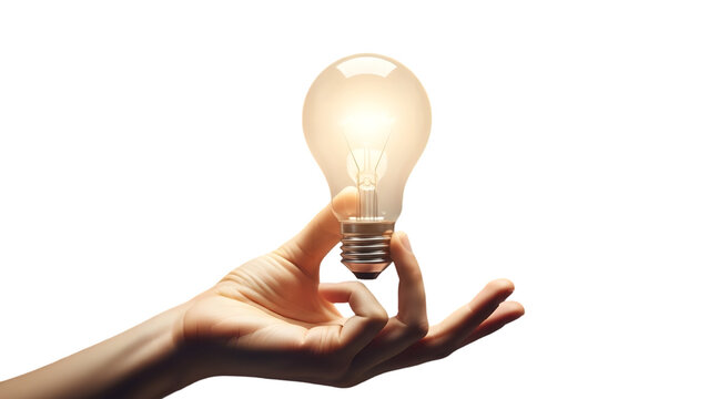Business idea concept hand holding glowing light bulb isolated on transparent background