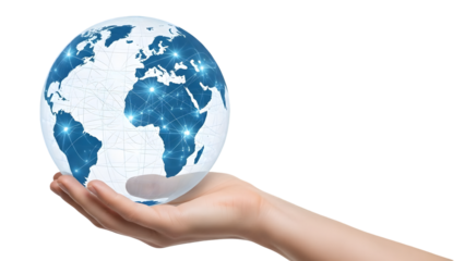 Business global concept hand holding earth globe isolated on transparent background
