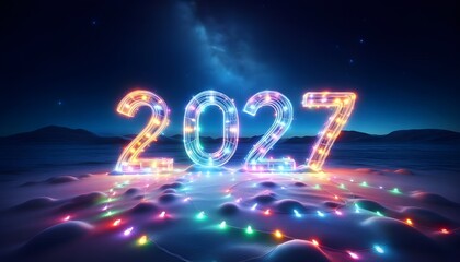 Colorful neon 2027 numbers in beautiful snowy winter night scene with stars and mountains. AI Generated, Generative AI