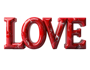 3D red Love text with a polished marble texture,white background.