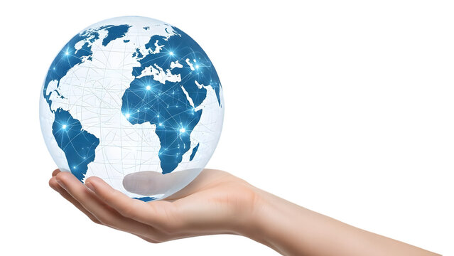 Business global concept hand holding earth globe isolated on transparent background