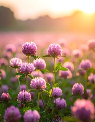 Fototapeta premium Field of pink clover flowers bathed in golden light at sunrise or sunset