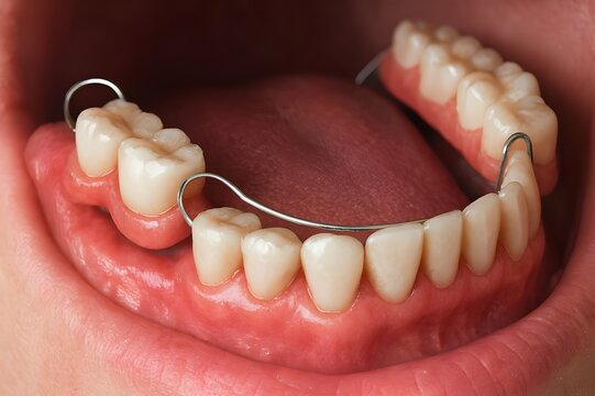 Close-up of removable partial denture in patient mouth showing metal clasps and false teeth for dental restoration.