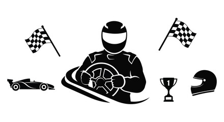Racing elements including a driver flags helmet and trophy a bold silhouette © mrvect02