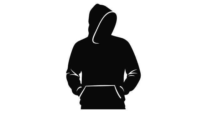 A dark figure wearing a hooded sweatshirt stands with hands in pockets silhouette