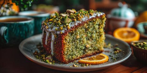 Creative food template. White sugar icing glaze pistachio cake slice with orange tangerine, crushed nuts on ethnic decorative plate, wooden table. copy text space. 