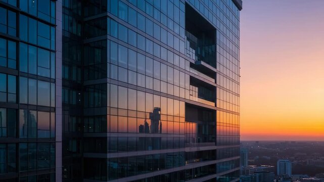 Reflective Glass Skyscraper at Sunset with Vibrant Skyline in Cityscape Urban Building Exterior and Modern Architecture - Powered by Adobe