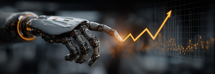 In front of a contemporary workplace with digital graphs showing advancement and data analysis, a future robotic hand reaches out to display a flashing arrow representing progression.