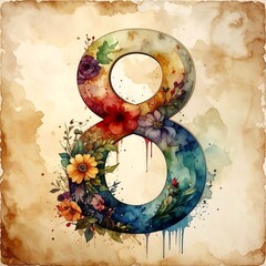 Floral number eight with watercolor effect on aged paper background, vibrant colors, botanical accents