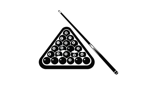 Billiard rack with cue stick depiction in a bold black and white silhouette