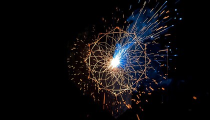 Intense orange and yellow welding sparks radiating outward with blue geometric lines on a black background.