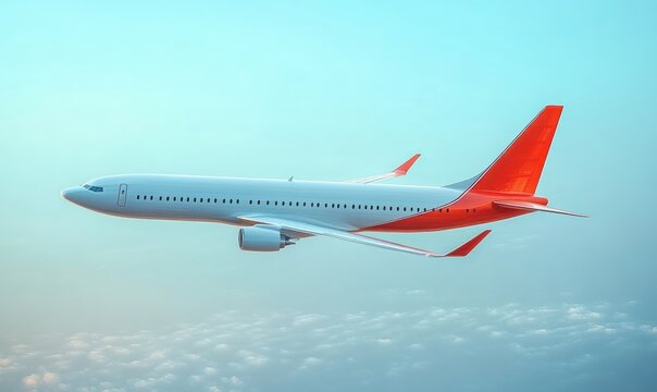 sleek commercial jet with red tail and winglets cruising above soft clouds under a clear blue sky, calm and serene atmosphere