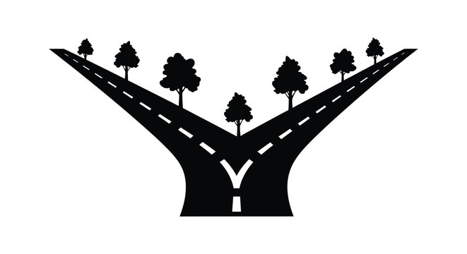 A diverging road splits into a y shape amidst trees a striking silhouette