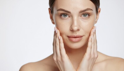 Beautiful Woman Touching Face with Hands.