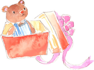 ぬいぐるみの入っているプレゼント箱の水彩イラスト　ベクター