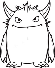 Obraz premium Little Cute Monster with Horns Hand-drawn Sketch Drawing Vector Illustration, Line Linear Symbol Engraving Coloring Book, Black and White Isolated