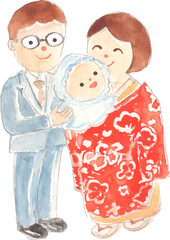 お宮参りをする赤ちゃんと夫婦のイラスト　ベクター