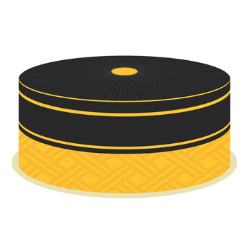 Vector illustration of Songkok Recca traditional hat from Bugis South Sulawesi Indonesia. Gold and black peci kopiah for Muslim men prayer or formal cultural events
