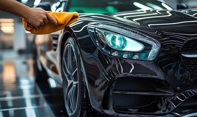 person hand polishing glossy black sports car headlight and front bumper with yellow microfiber cloth in a bright detailing studio, conveying meticulous care and pride