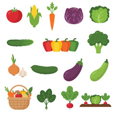Fototapeta premium Fresh Organic Vegetables Icons Set with Tomato Carrot Broccoli and Corn for Healthy Food Concepts