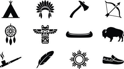 Native American Tribal Silhouettes - Teepee, Headdress, Dreamcatcher, Totem Pole, and Indigenous Culture Icons  © ArtMint