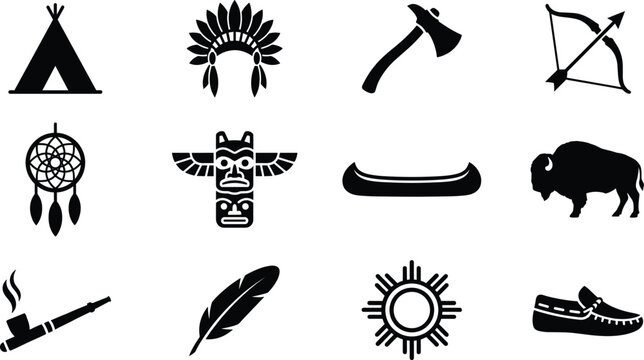 Native American Tribal Silhouettes - Teepee, Headdress, Dreamcatcher, Totem Pole, and Indigenous Culture Icons
