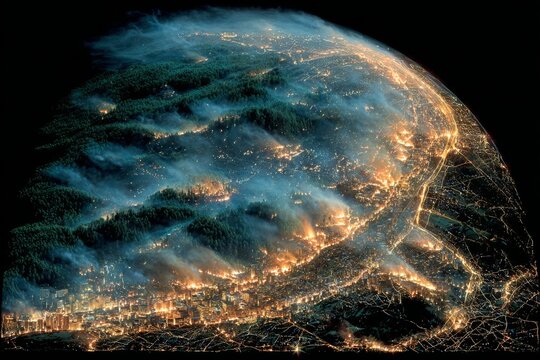 A surreal globe of forests and cities burns with bright flames and drifting smoke in the darkness, powerfully illustrating climate emergency, deforestation, and global environmental crisis themes.