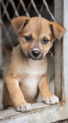 baby puppy waiting for adoption, clean shelter background
