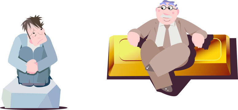 Conceptual illustration of economic inequality: a wealthy man sitting on a gold bar and a poor man sitting on a stone.