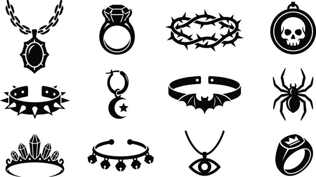 Gothic Jewelry and Accessory Icons - Skull Ring, Spiked Collar, Bat Choker, and Crown of Thorns Set
