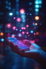 Hand holding smartphone with glowing network connections and digital icons floating above in a futuristic city night setting