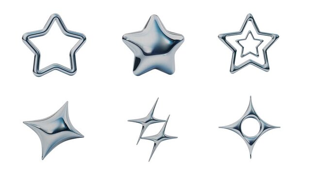様々な種類の光沢のあるシルバーの星。ぷっくりしたY2Kスタイルのメタリックな3Dアイコン。キラキラした輝きを表現するマークのアニメーション