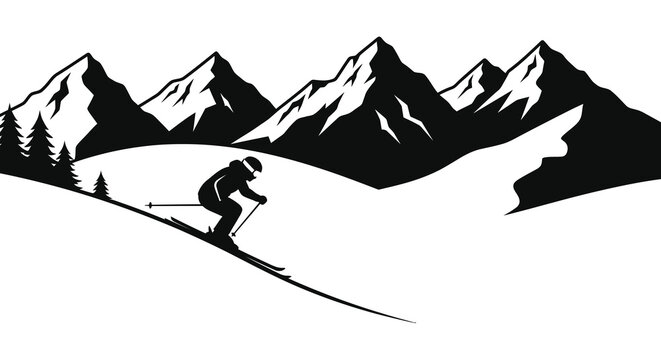 A lone skier descends a snowy mountain slope a striking black and white silhouette