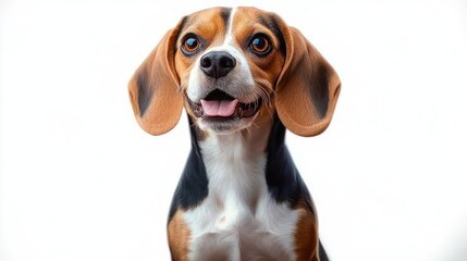 happy tricolor beagle dog portrait with floppy ears, big expressive brown eyes and tongue out, smiling against a clean white background