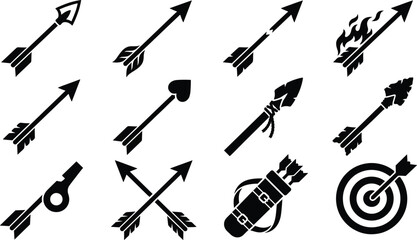 Obraz premium Archery and Arrow Silhouette Set - Medieval Bow, Cupid Love, Target Bullseye, and Tribal Spear Icons 