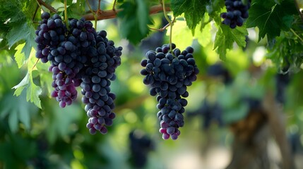 Ripe purple grape clusters hanging from lush green vineyard