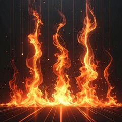 Fiery pillars dance in the darkness, illuminating the space with warm light and creating a mesmerizing spectacle