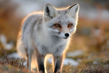 Backlit fluffy arctic fox standing in low tundra vegetation at golden hour, warm serene and curious mood
