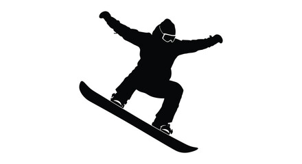 A dynamic snowboarder in mid air arms outstretched executing a trick silhouette