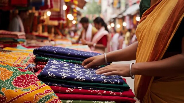 Woman Selects Traditional Fabric in Indian Market Bihar Day Shopping
