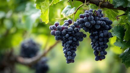 Close-up of ripe purple grapes on vine in vineyard