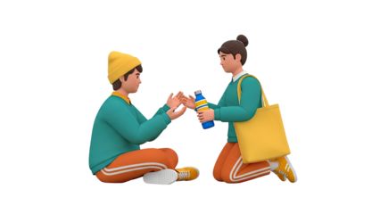 Children sharing a water bottle, 3D illustration