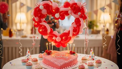 Heart Shaped Birthday Cake with Red Balloons and Cupcakes