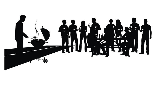 A summer barbecue scene with people gathered around a grill depicted as a silhouette