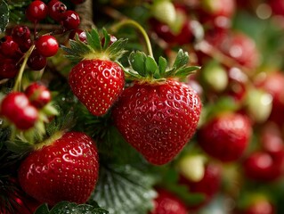 Fresh organic strawberries and ripe red berries macro shot in garden setting for healthy nutrition and gourmet dessert background