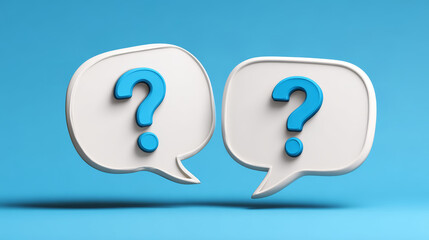 Two white speech bubbles with blue question marks float on bright blue background, symbolizing curiosity and inquiry in communication