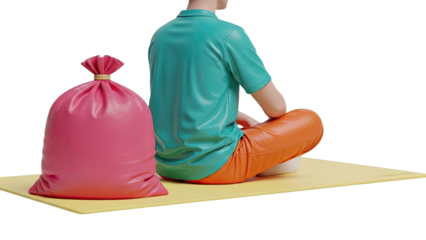Person in Colorful Outfit Sitting Next to a Pink Trash Bag