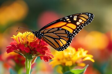 orange and black monarch butterfly perched on red and yellow blossoms in a sunlit garden, delicate feeding moment with soft bokeh background, serene and peaceful